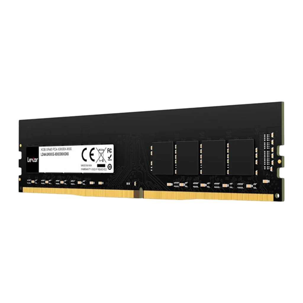 Lexar DDR4 16GB 3200MHz DIMM preto, vista frontal: módulo RAM com etiqueta branca e contactos dourados - Item1