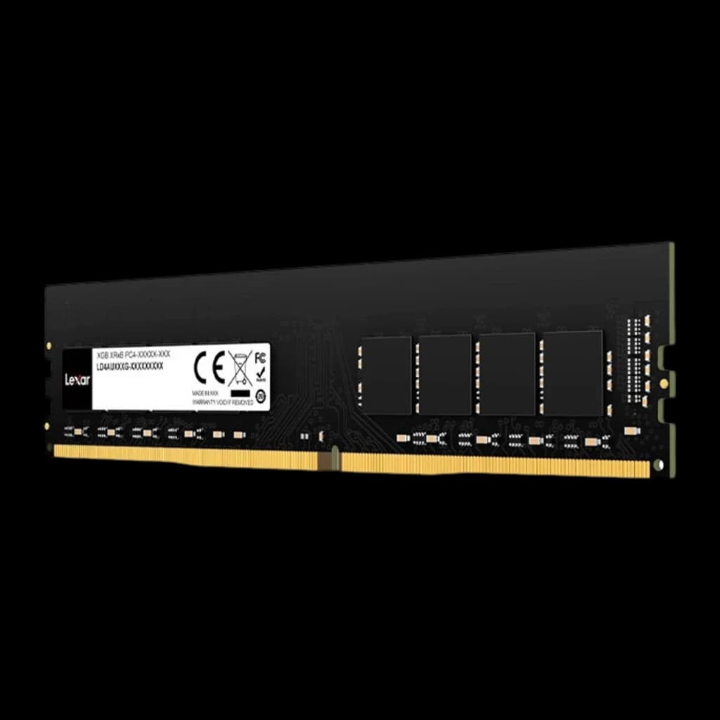 Lexar DDR4 16GB 3200MHz DIMM negro, vista frontal en ángulo: etiqueta con especificaciones y conector dorado visibles