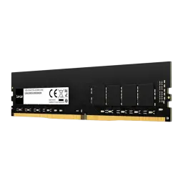Lexar DDR4 16GB 3200MHz DIMM negro, vista frontal en ángulo: etiqueta con especificaciones y conector dorado visibles