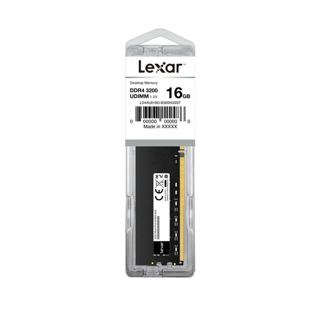 Lexar DDR4 16GB 3200MHz DIMM preto, vista frontal: módulo RAM com etiqueta branca e contactos dourados - Item4