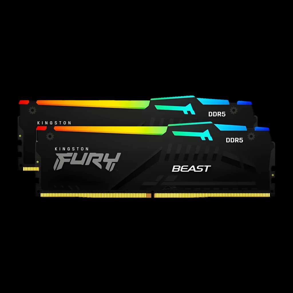 Kingston Fury Beast RGB DDR5 6000MHz 64GB noir, kit 2 modules: éclairage RGB multicolore sur dissipateur noir avec logo FURY
