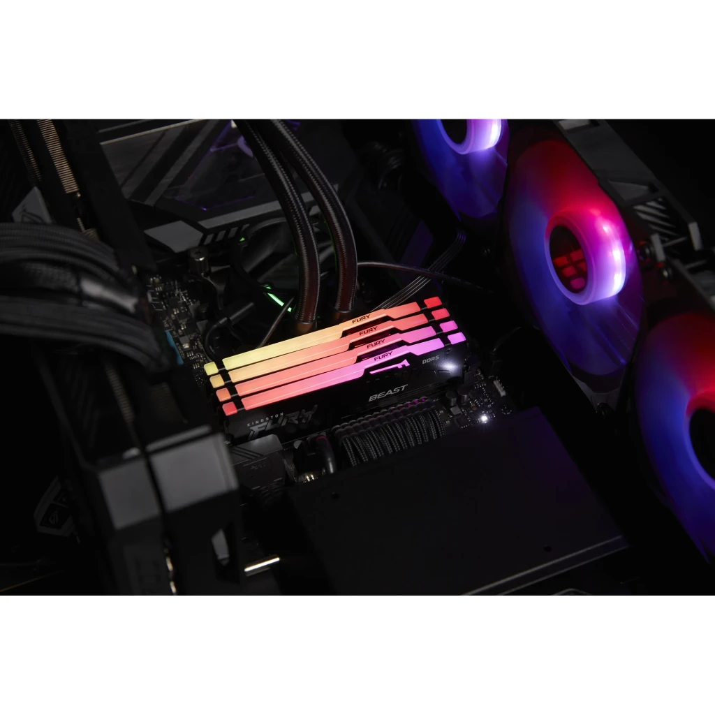 Kingston Fury Beast RGB DDR5 6000MHz 64GB preto, kit 2 módulos: iluminação RGB multicolor em dissipador preto com logo FURY - Item6