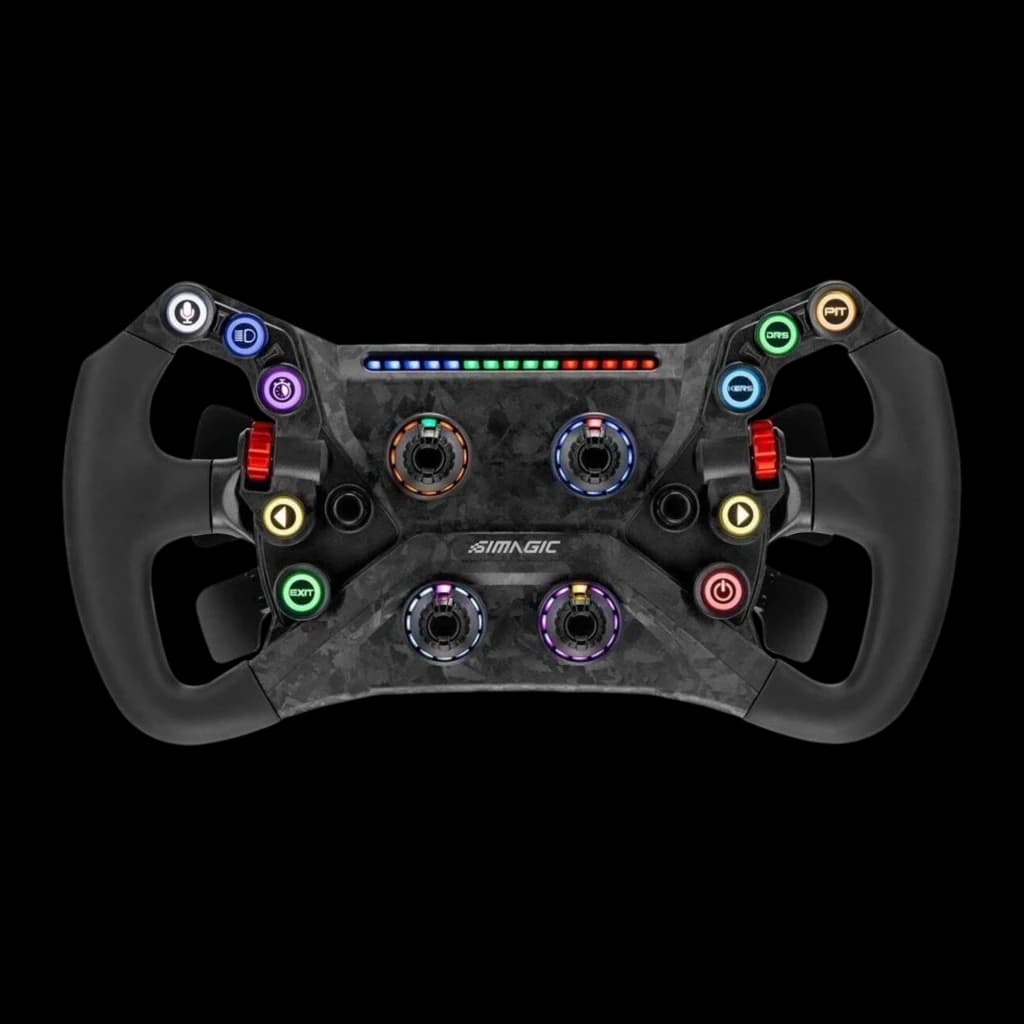 Simagic Volante GT Neo preto, vista frontal: painel de carbono com botões RGB, encoders iluminados e barra de LEDs central