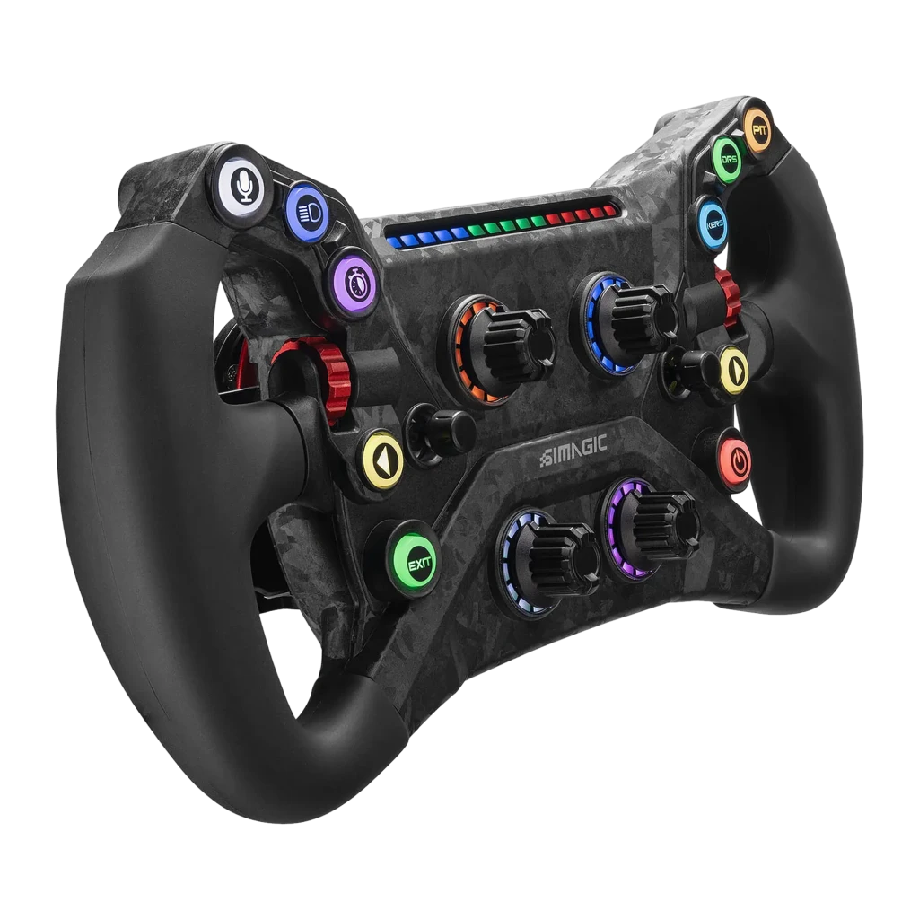 Simagic Volant GT Neo noir, vue de face: panneau carbone avec boutons RGB, encodeurs éclairés et barre de LEDs centrale - Ítem1