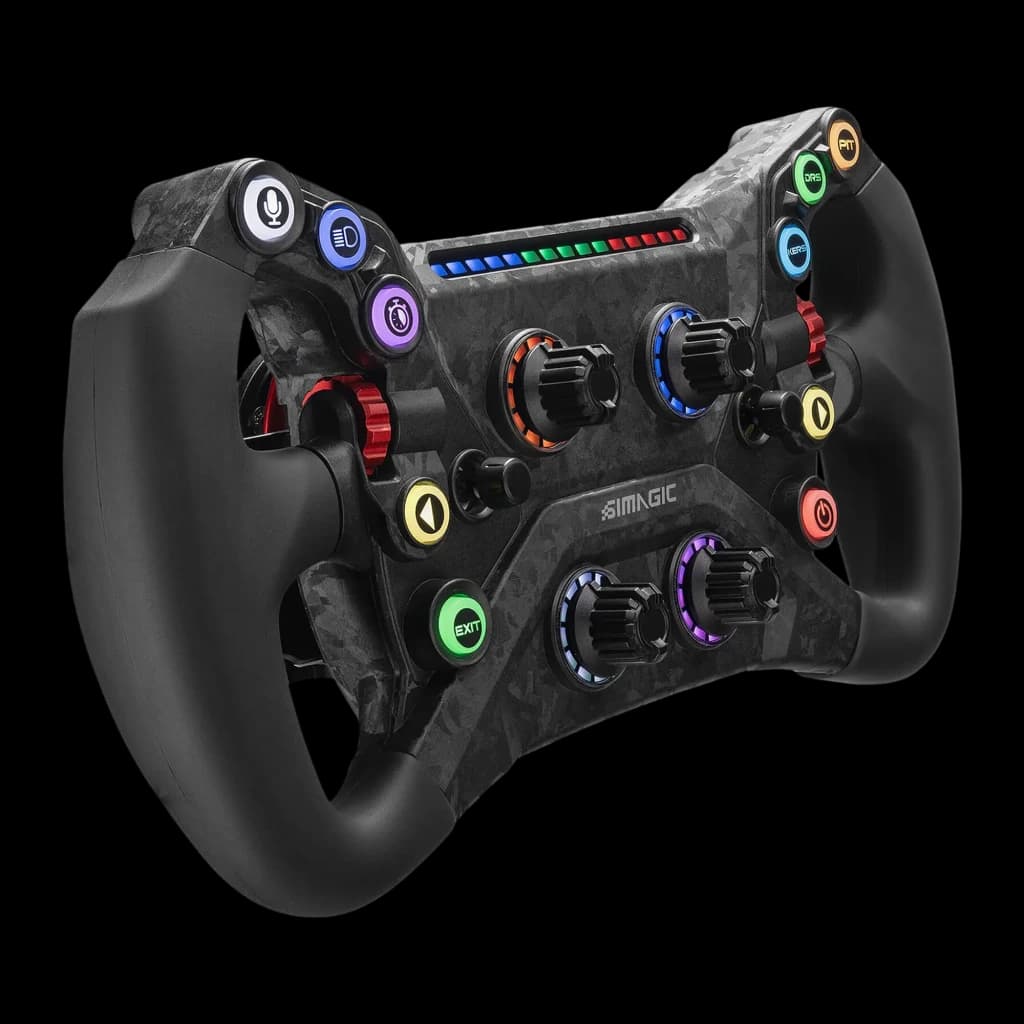 Simagic Volante GT Neo preto, vista em ângulo esquerdo: profundidade do volante, paletas vermelhas e botões RGB laterais