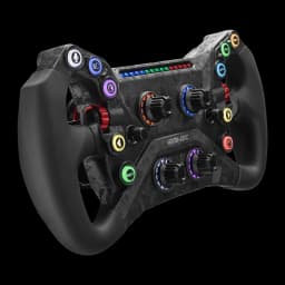 Simagic Volante GT Neo preto, vista em ângulo esquerdo: profundidade do volante, paletas vermelhas e botões RGB laterais