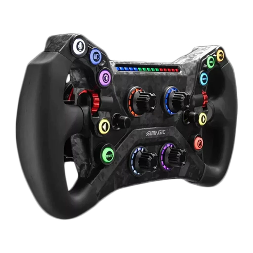 Simagic Volant GT Neo noir, vue de face: panneau carbone avec boutons RGB, encodeurs éclairés et barre de LEDs centrale - Ítem2
