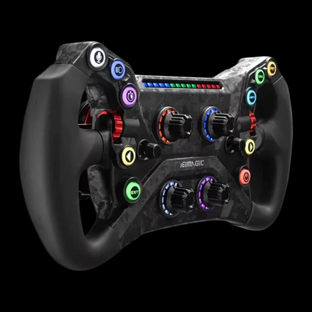 Simagic Volante GT Neo preto, vista em ângulo direito: lado direito com encoders, paleta vermelha e botões RGB