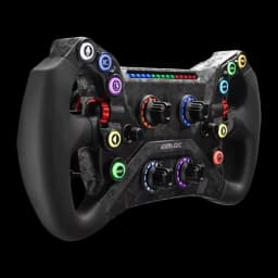 Simagic Volante GT Neo preto, vista em ângulo direito: lado direito com encoders, paleta vermelha e botões RGB