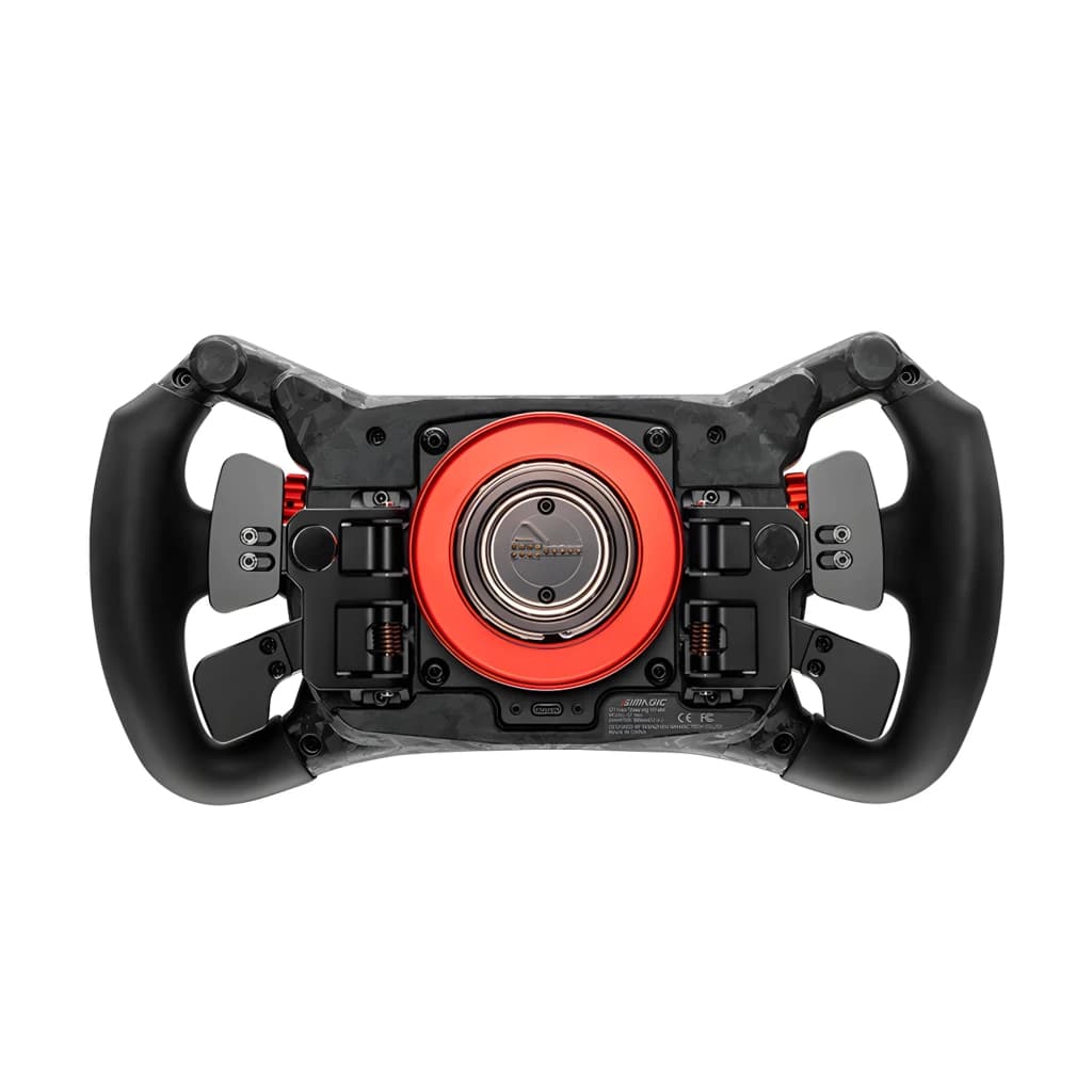 Simagic Volante GT Neo Preto, vista traseira: conector central vermelho, paddles e estrutura em carbono visíveis