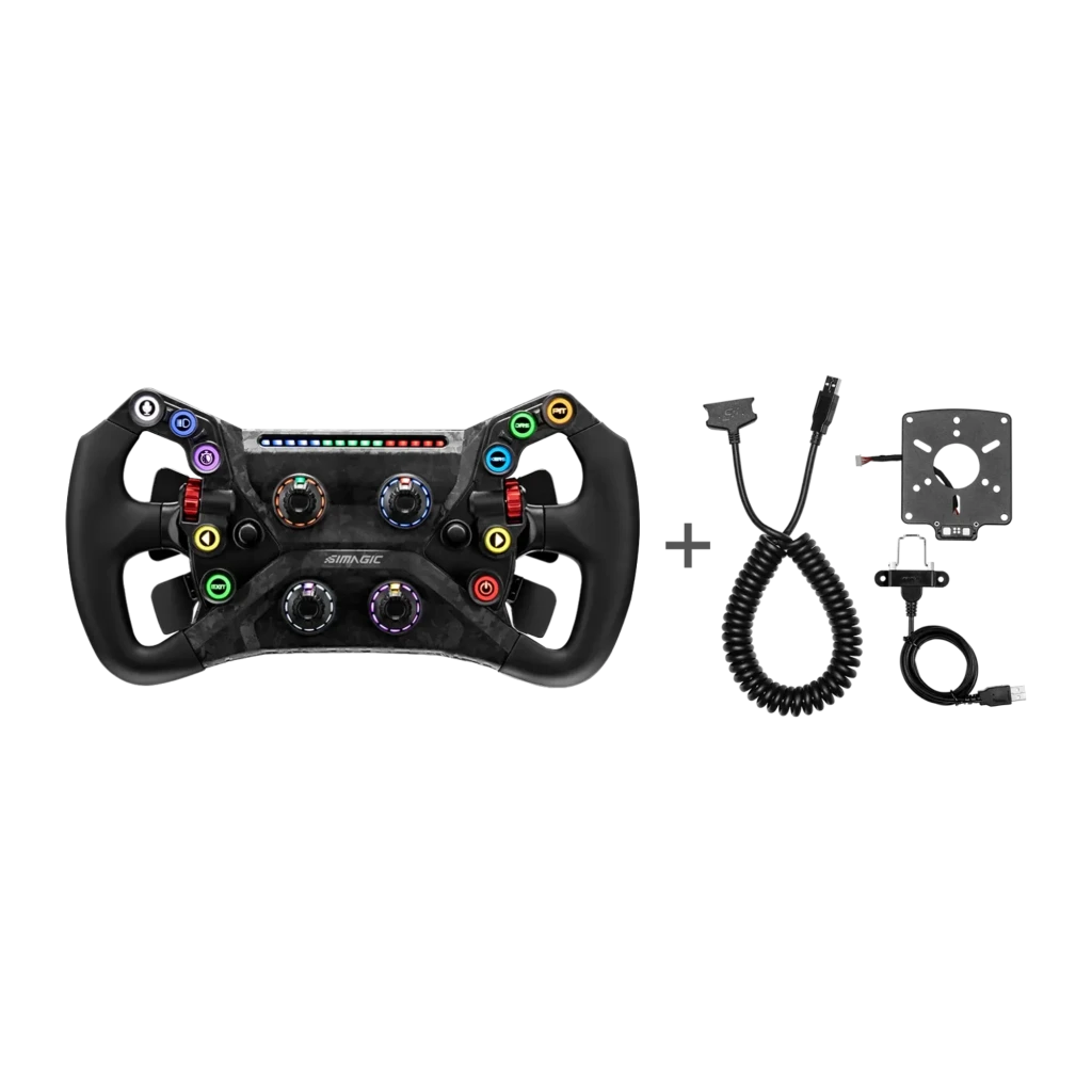 Simagic Volant GT Neo noir, vue de face: panneau carbone avec boutons RGB, encodeurs éclairés et barre de LEDs centrale - Ítem4