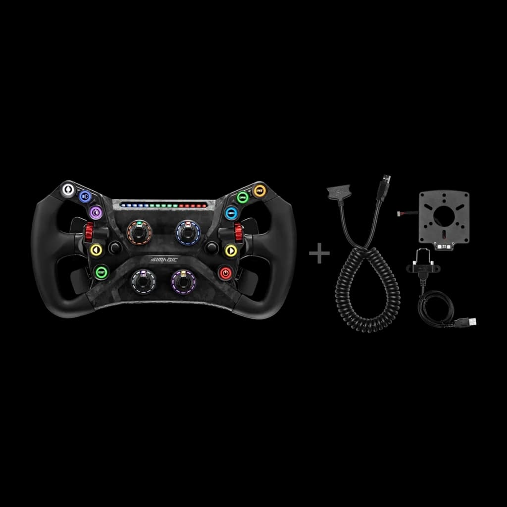 Simagic Volante GT Neo Preto, vista frontal com acessórios: volante com LEDs RGB, botoneira e suporte quick release incluídos