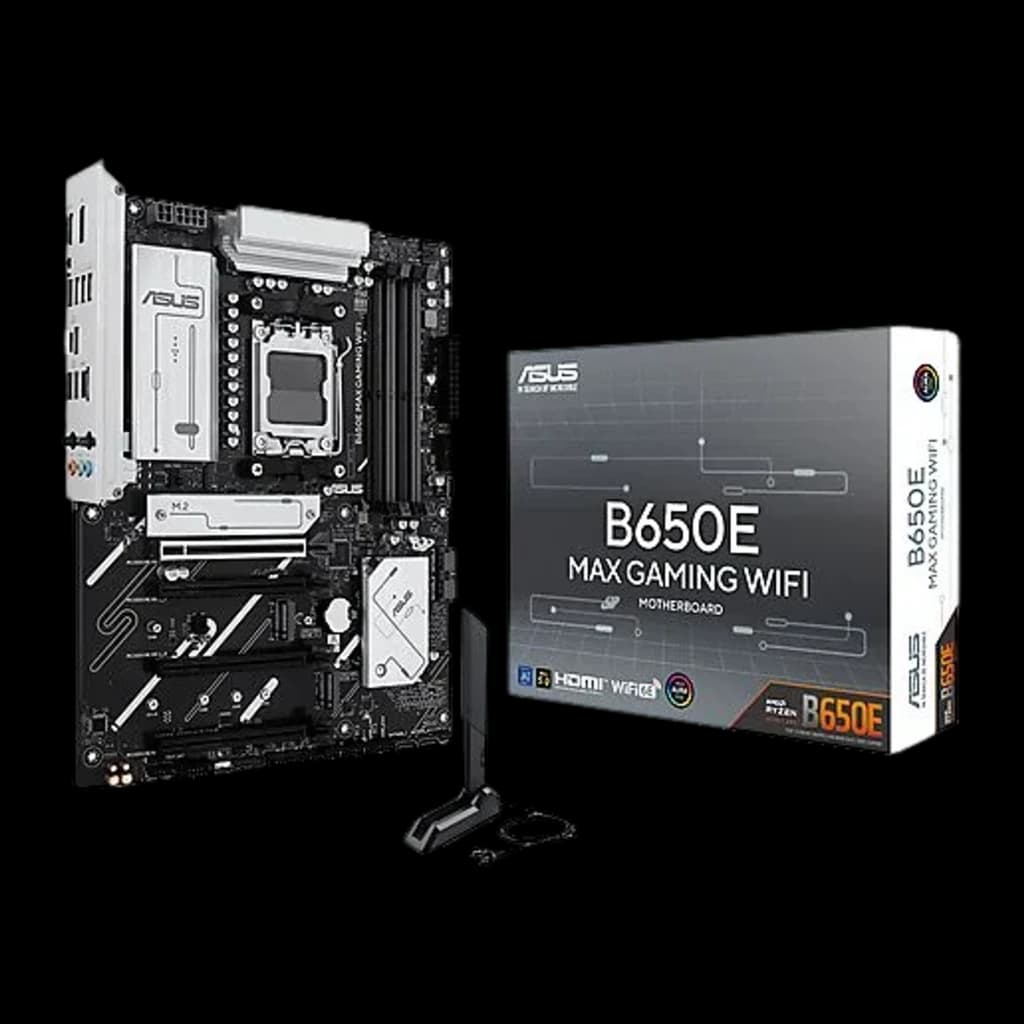 ASUS ROG Maximus B650E GAMING WIFI ATX AM5 noir, vue de face: carte mère et boîte produit, dissipateurs blancs et socket AM5