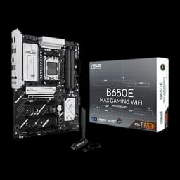 ASUS ROG Maximus B650E GAMING WIFI ATX AM5 noir, vue de face: carte mère et boîte produit, dissipateurs blancs et socket AM5