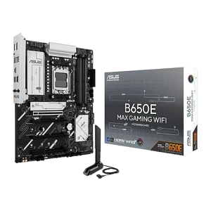 ASUS ROG Maximus B650E GAMING WIFI ATX AM5 preto, vista frontal: placa-mãe e caixa do produto, dissipadores brancos e socket