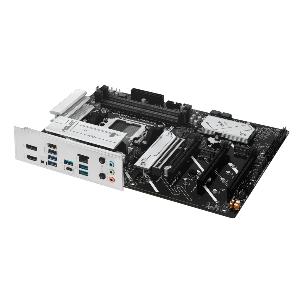 ASUS ROG Maximus B650E GAMING WIFI ATX AM5 preto, vista frontal: placa-mãe e caixa do produto, dissipadores brancos e socket - Item4