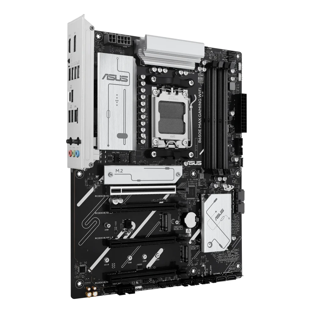 ASUS ROG Maximus B650E GAMING WIFI ATX AM5 preto, vista frontal: placa-mãe e caixa do produto, dissipadores brancos e socket - Item2