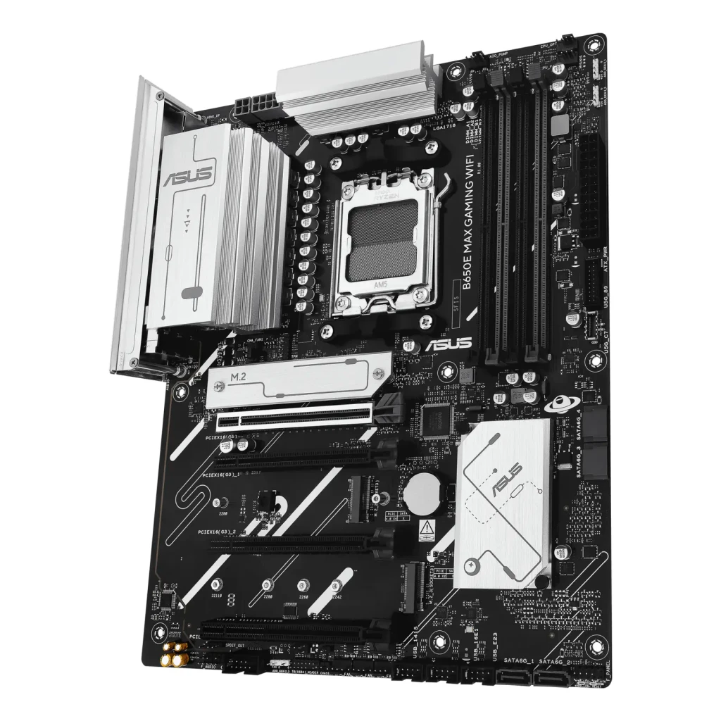 ASUS ROG Maximus B650E GAMING WIFI ATX AM5 preto, vista frontal: placa-mãe e caixa do produto, dissipadores brancos e socket - Item3