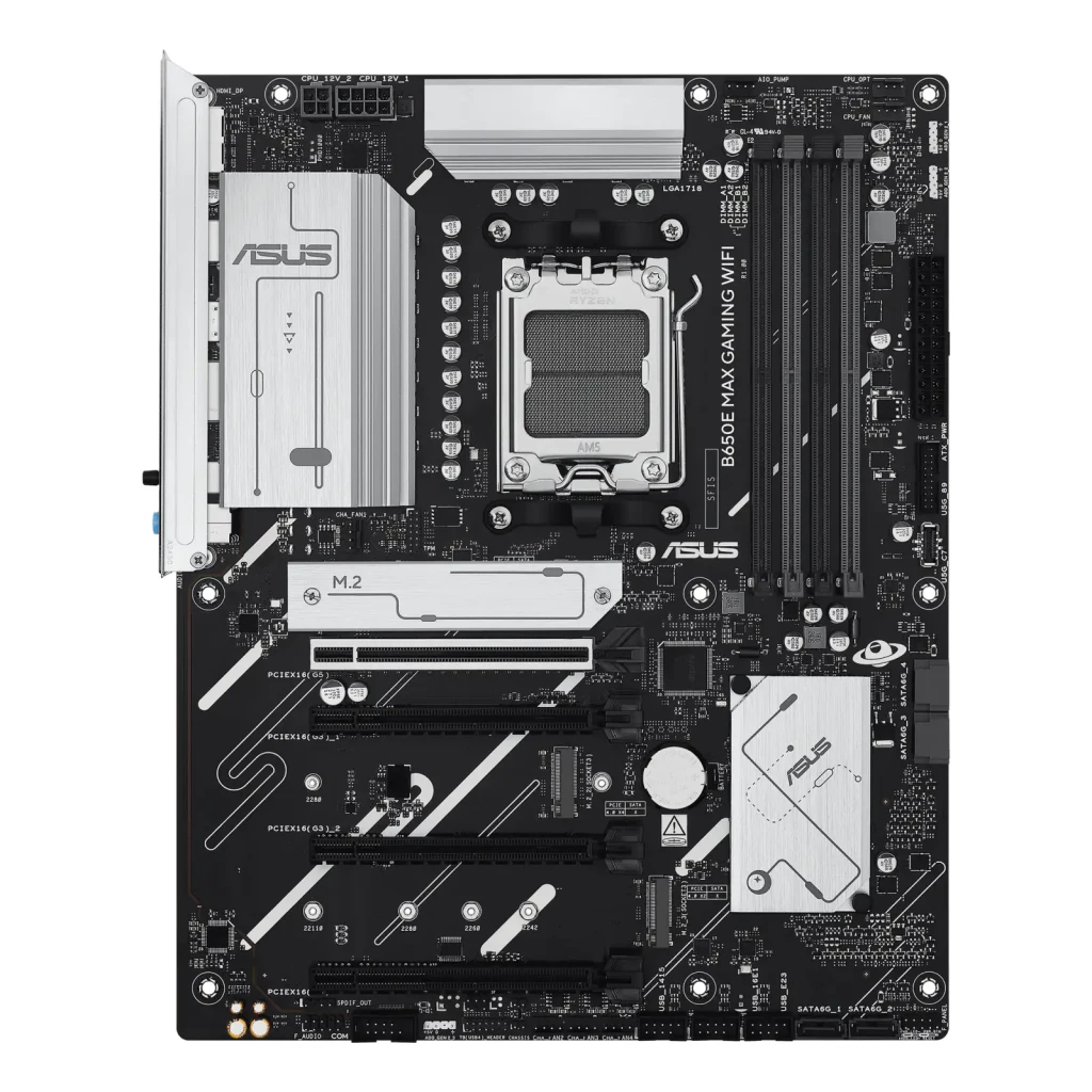 ASUS ROG Maximus B650E GAMING WIFI ATX AM5 preto, vista frontal: placa-mãe e caixa do produto, dissipadores brancos e socket - Item1