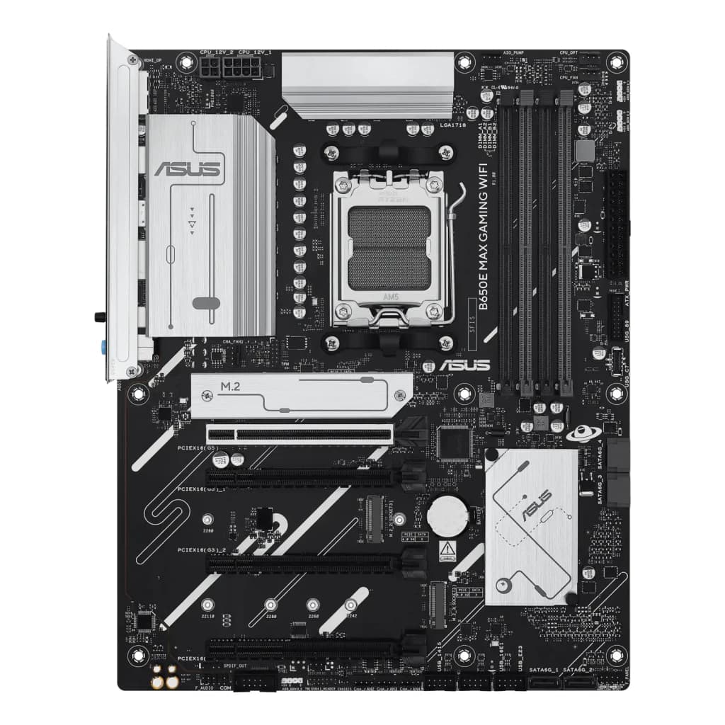 ASUS ROG Maximus B650E GAMING WIFI ATX AM5 noir, vue de face: PCB noir avec dissipateurs argentés, socket AM5 et slots PCIe