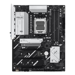 ASUS ROG Maximus B650E GAMING WIFI ATX AM5 noir, vue de face: PCB noir avec dissipateurs argentés, socket AM5 et slots PCIe