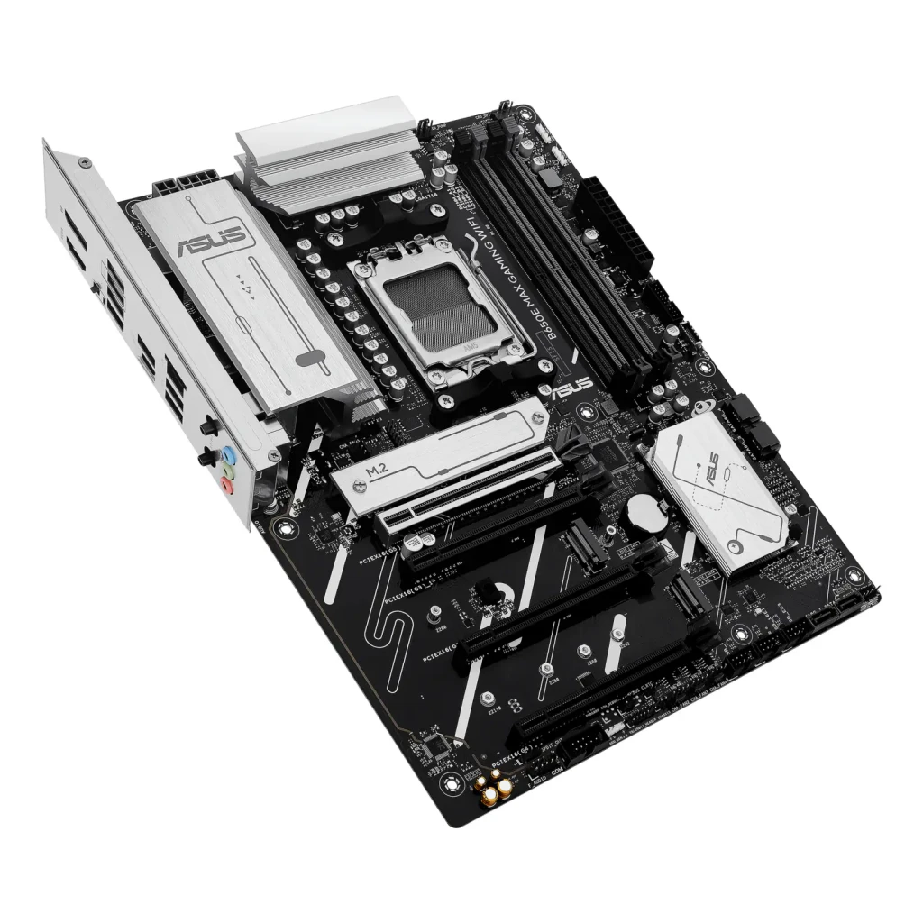 ASUS ROG Maximus B650E GAMING WIFI ATX AM5 preto, vista frontal: placa-mãe e caixa do produto, dissipadores brancos e socket - Item6