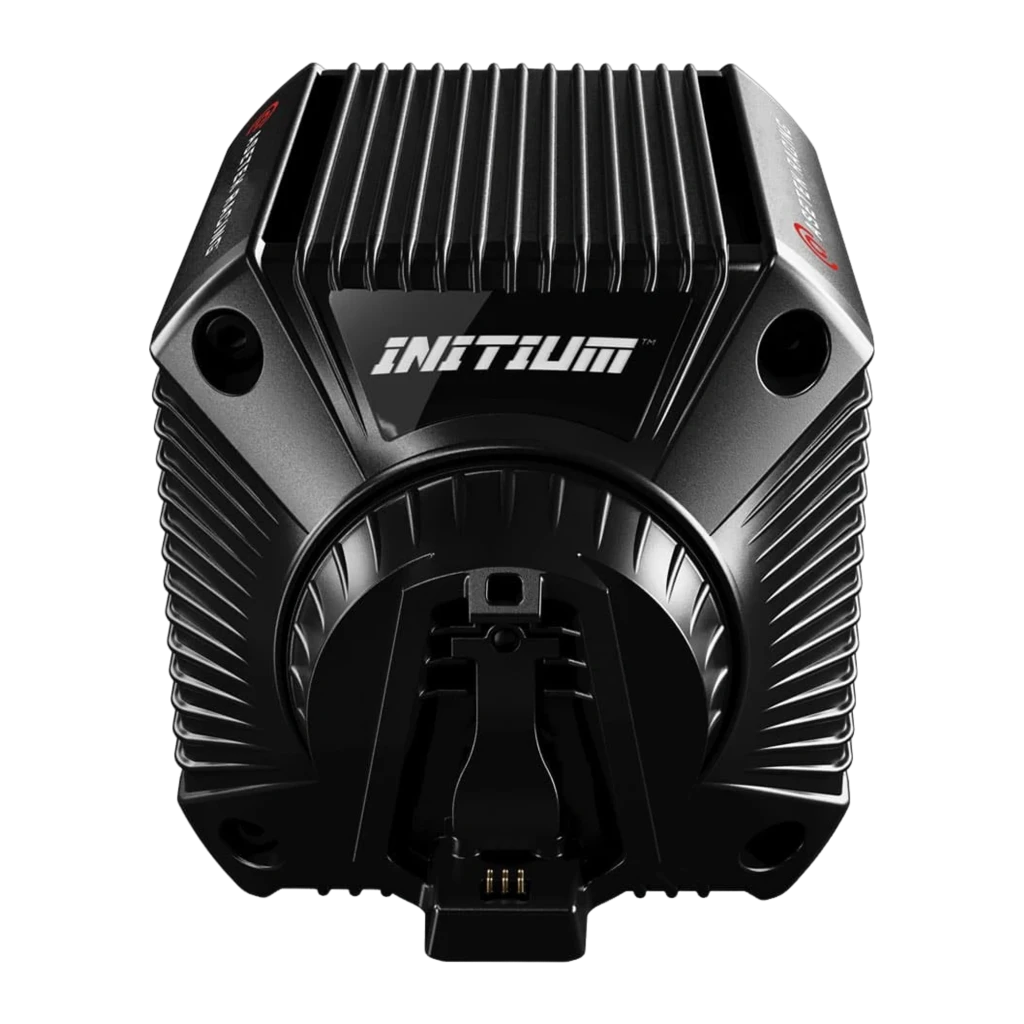 Asetek SimSports Initium Direct Drive preto, vista lateral: corpo com aletas de refrigeração, logo Asetek Racing e conector - Item1