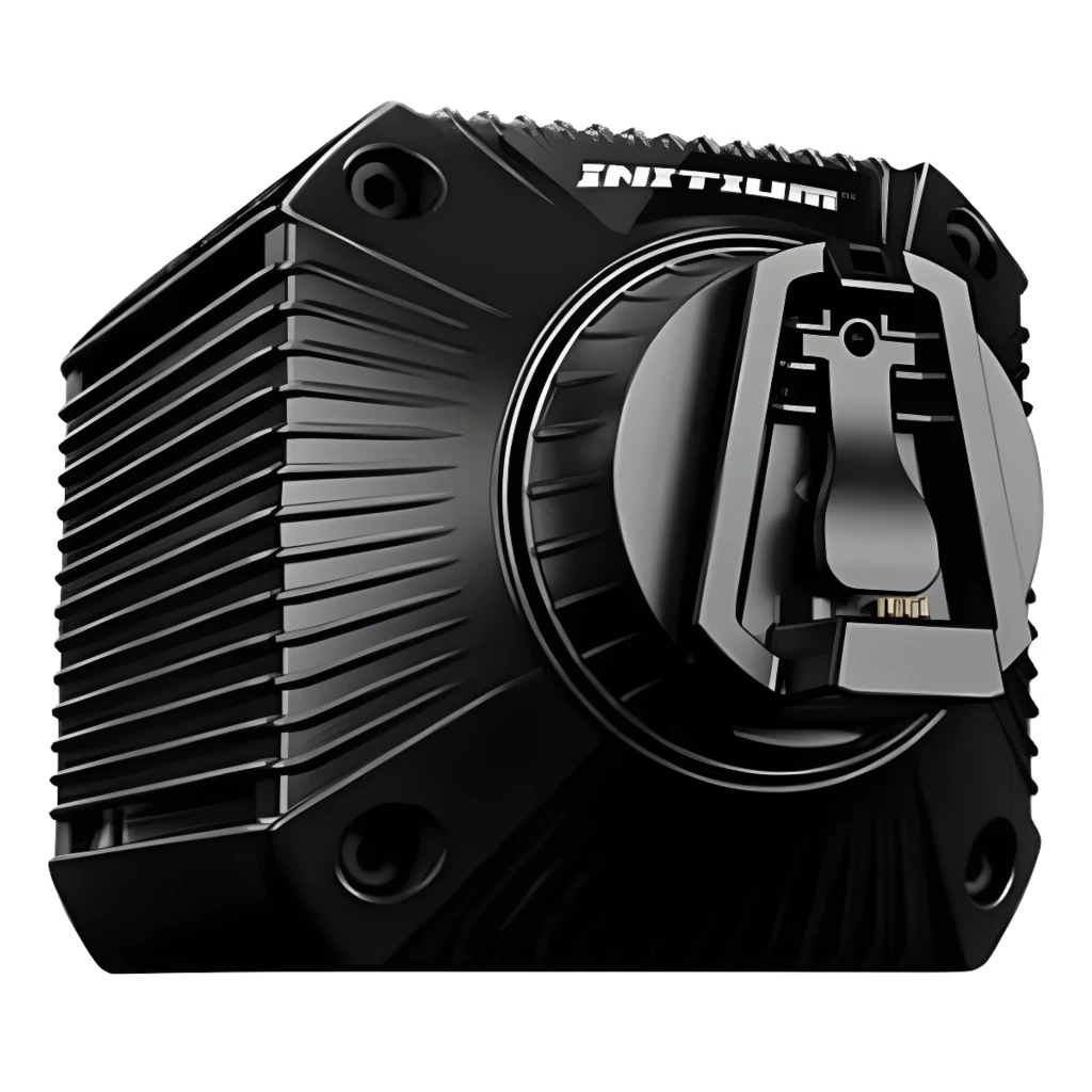 Asetek SimSports Initium Direct Drive preto, vista lateral: corpo com aletas de refrigeração, logo Asetek Racing e conector - Item2