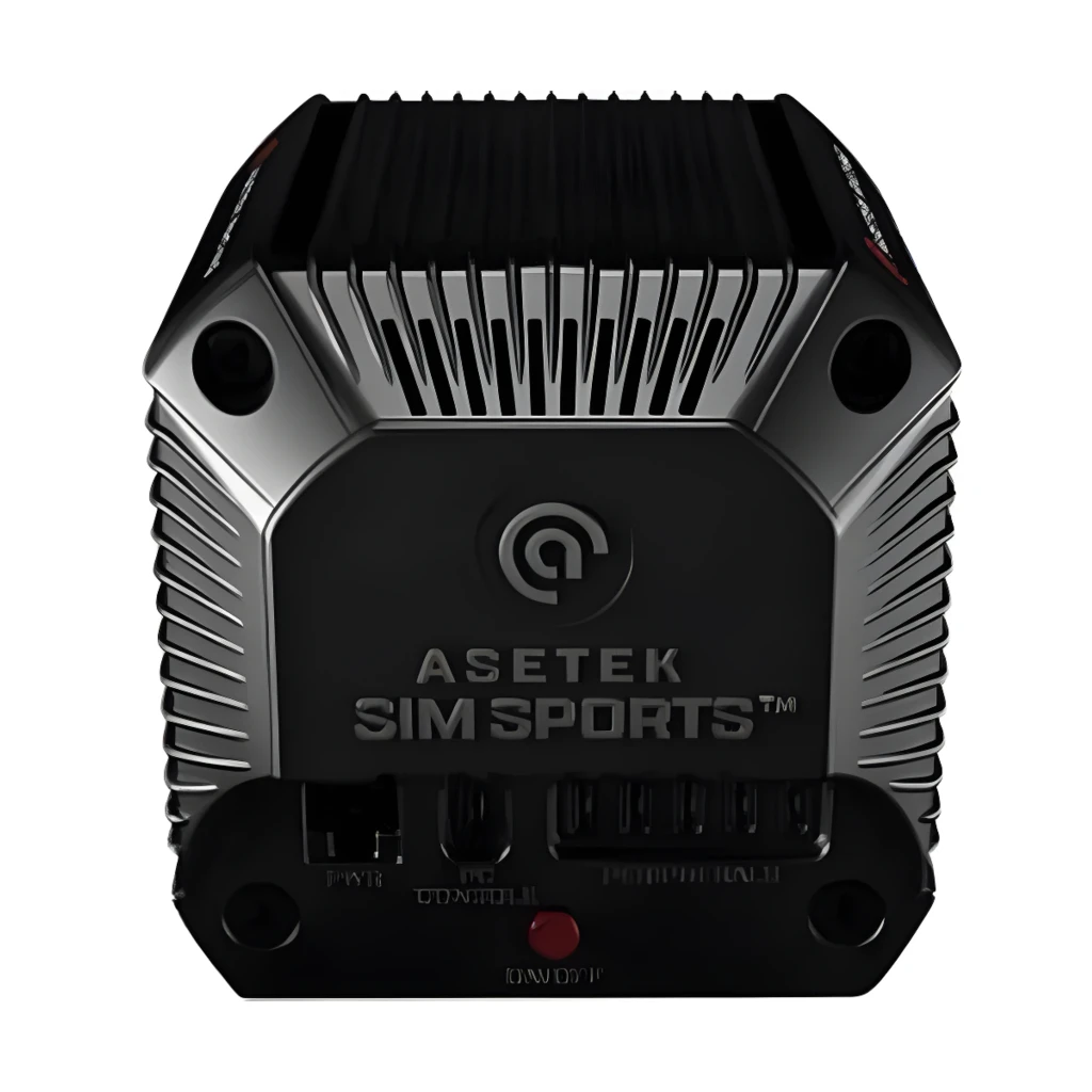 Asetek SimSports Initium Direct Drive preto, vista lateral: corpo com aletas de refrigeração, logo Asetek Racing e conector - Item3