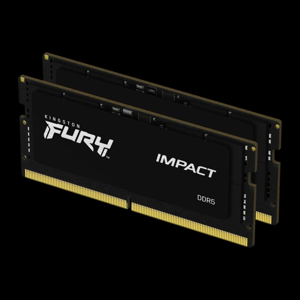 Kingston Fury Impact DDR5 64GB noir, vue en angle: kit 2 modules SO-DIMM avec logo FURY IMPACT et connecteurs dorés visibles