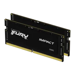 Kingston Fury Impact DDR5 64GB noir, vue en angle: kit 2 modules SO-DIMM avec logo FURY IMPACT et connecteurs dorés visibles