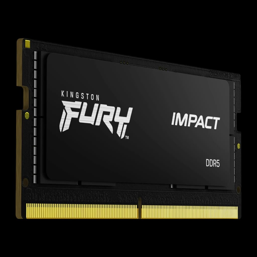 Kingston Fury Impact DDR5 64GB 4800MHz SO-DIMM or, vue latérale droite: texture du PCB noir et bord supérieur avec encoches