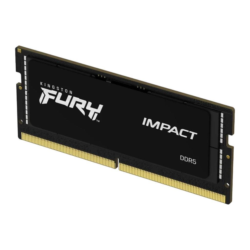 Kingston Fury Impact DDR5 64GB preto, vista angular: kit 2 módulos SO-DIMM com logo FURY IMPACT e contatos dourados visíveis - Item1
