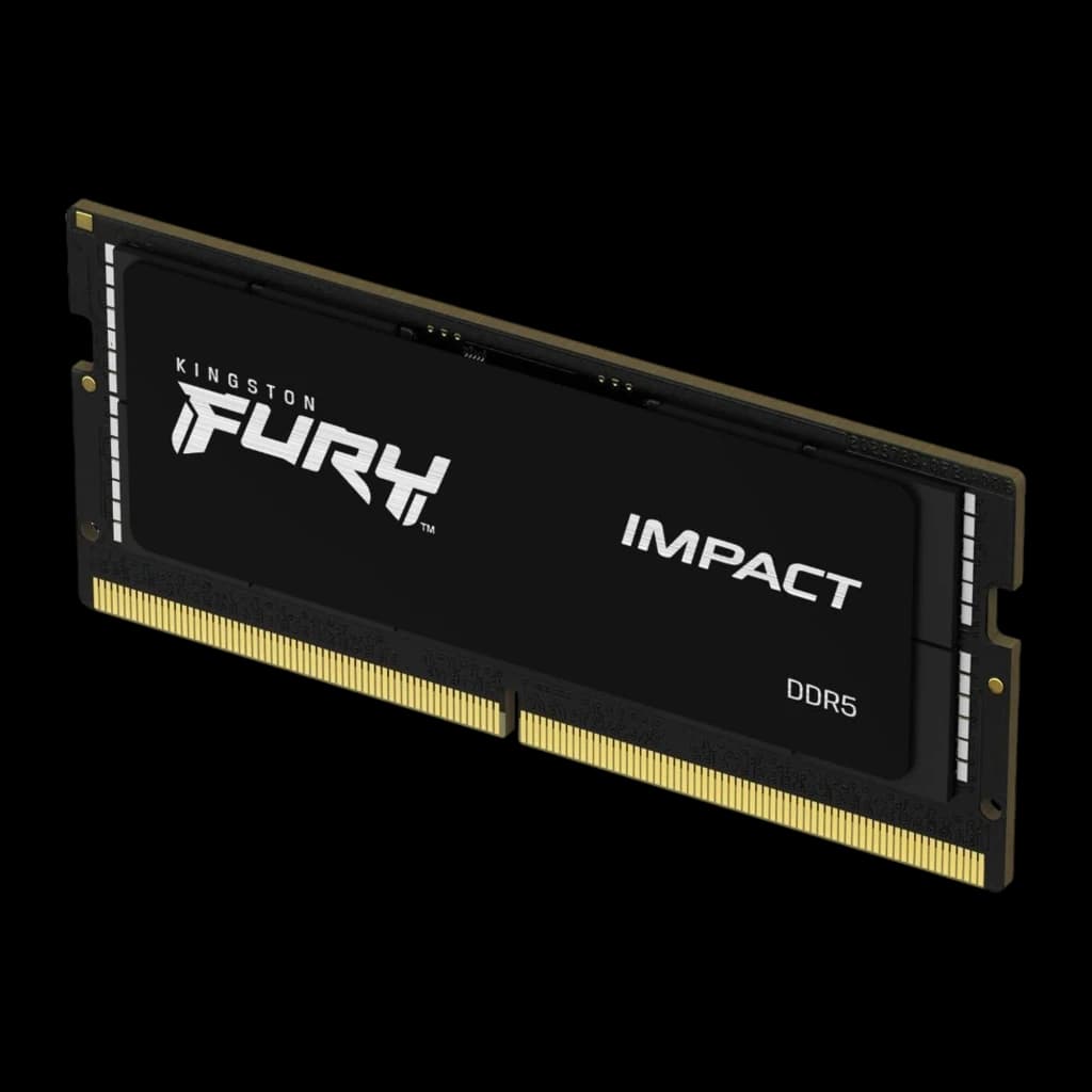 Kingston Fury Impact DDR5 64GB 4800MHz SO-DIMM or, vue avant en angle: dissipateur noir avec logos FURY IMPACT et contacts