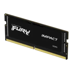 Kingston Fury Impact DDR5 64GB 4800MHz SO-DIMM or, vue avant en angle: dissipateur noir avec logos FURY IMPACT et contacts