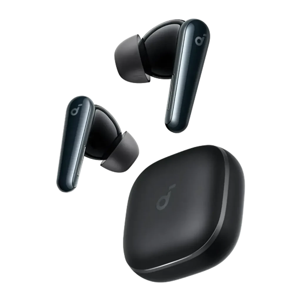 Soundcore Liberty 5 Noir, vue flottante: deux écouteurs TWS et boîtier de charge avec logo Soundcore sur fond sombre
