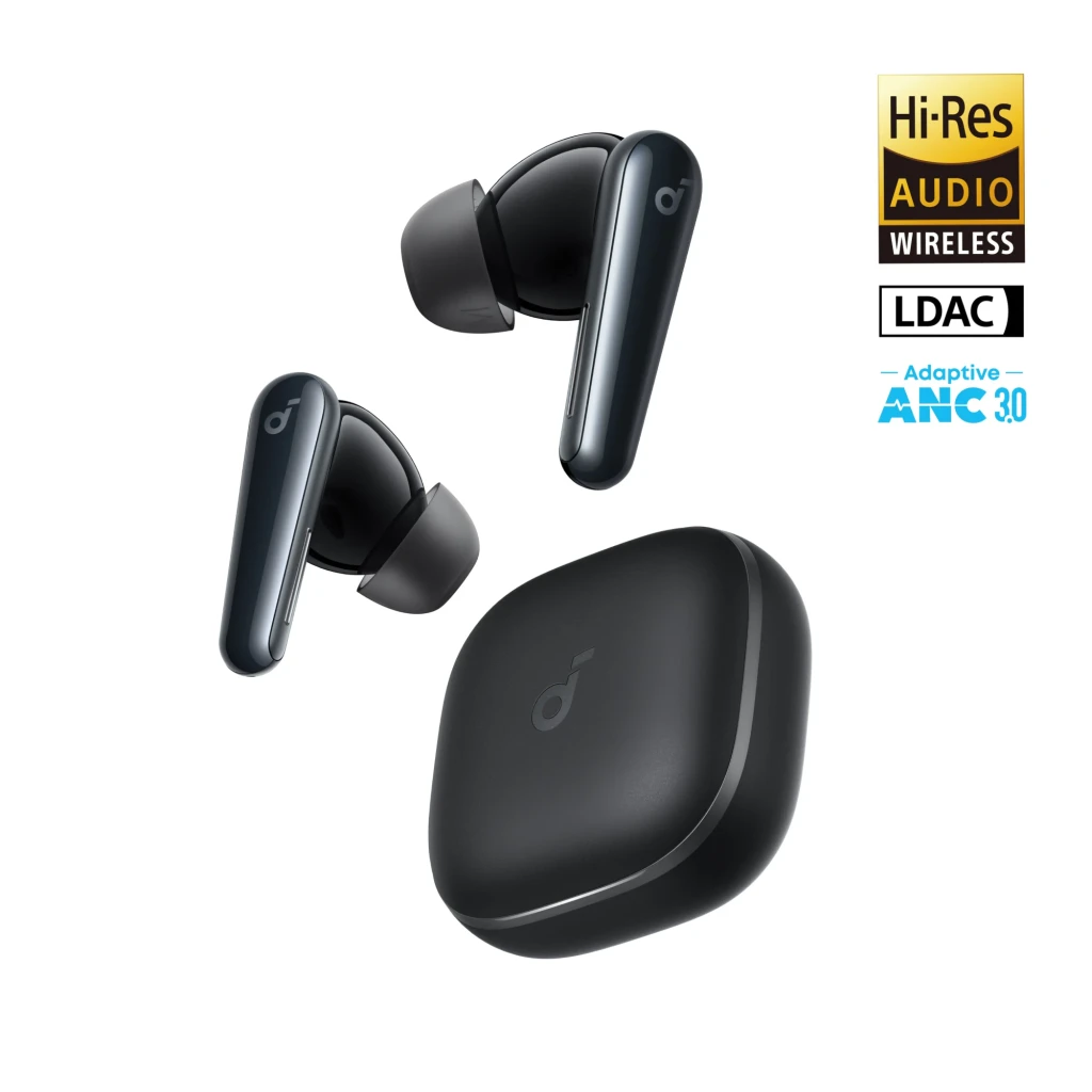 Soundcore Liberty 5 noir, vue certifications: écouteurs TWS et boîtier noir avec logos Hi-Res Audio, LDAC et ANC 3.0