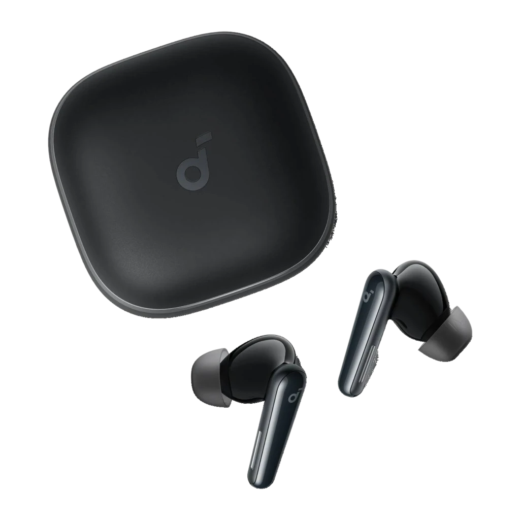 Soundcore Liberty 5 Noir, vue du dessus: étui fermé avec logo et deux écouteurs TWS sortis sur fond sombre