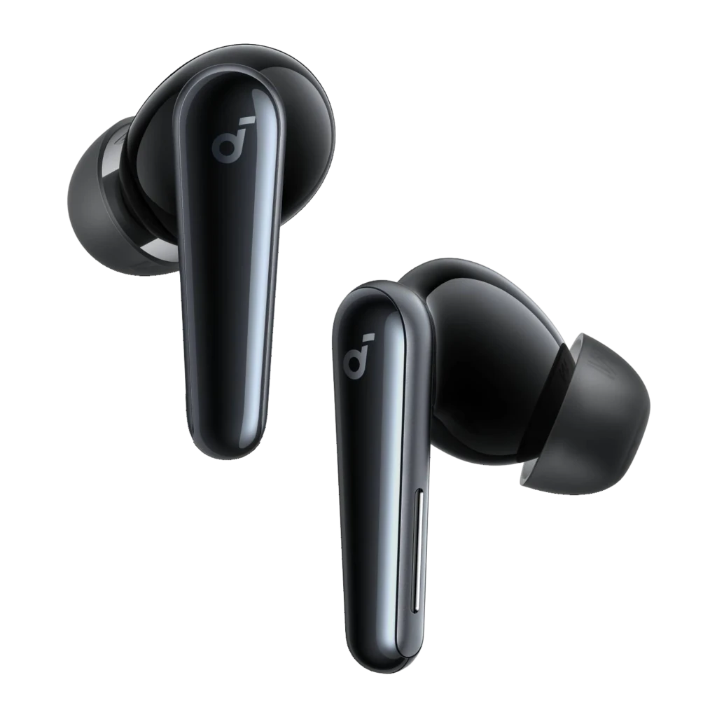 Soundcore Liberty 5 Noir, vue de face: deux écouteurs TWS avec logo et tige brillante sur fond sombre
