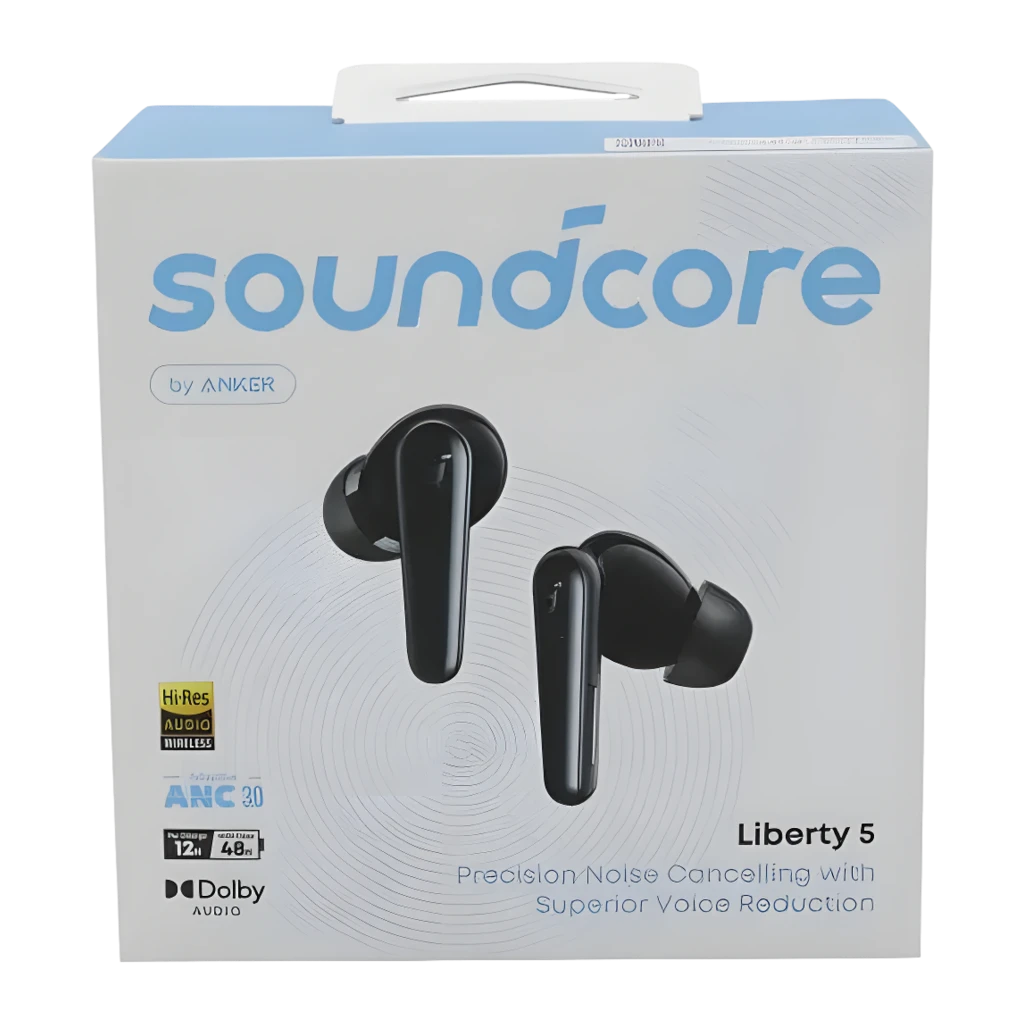 Soundcore Liberty 5 Noir, boîte avant: emballage avec écouteurs noirs, logos Hi-Res Audio, ANC 3.0 et Dolby Audio