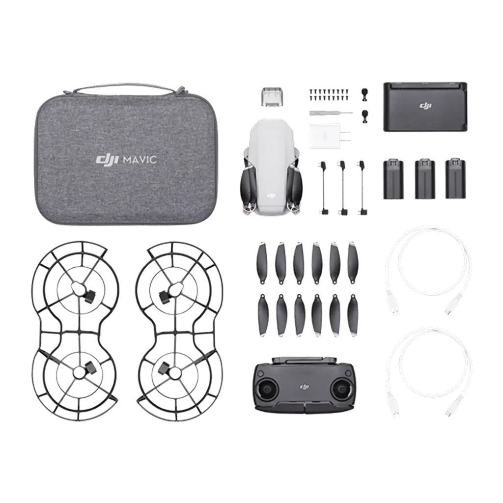 DJI Drone Mini 3 Fly More Combo Branco, vista conjunto: drone de cima, comando com ecrã, bolsa e 2 baterias - Item8