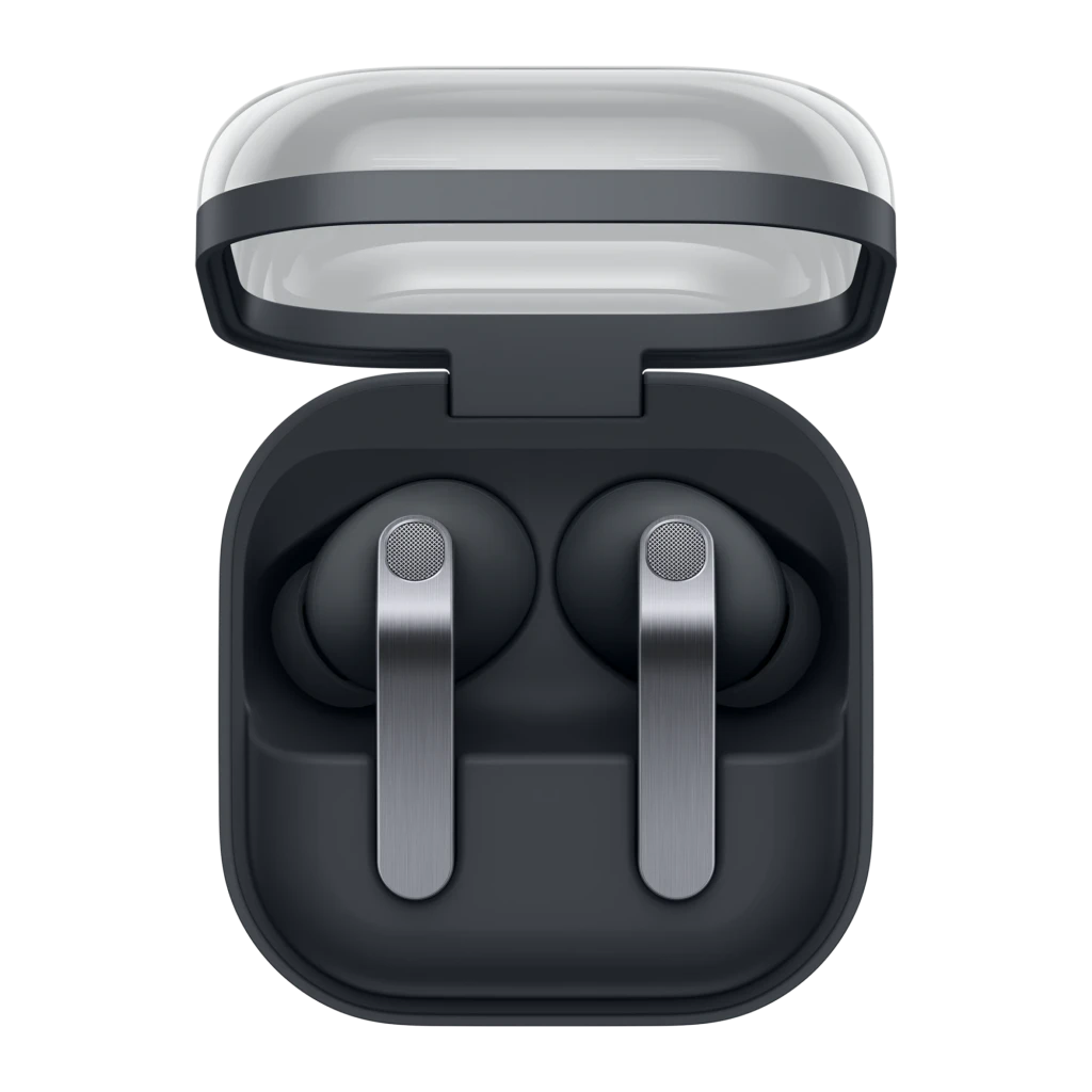 Samsung Galaxy Buds4 Pro Noir, vue du dessus: étui ouvert avec les deux écouteurs et tiges métalliques visibles