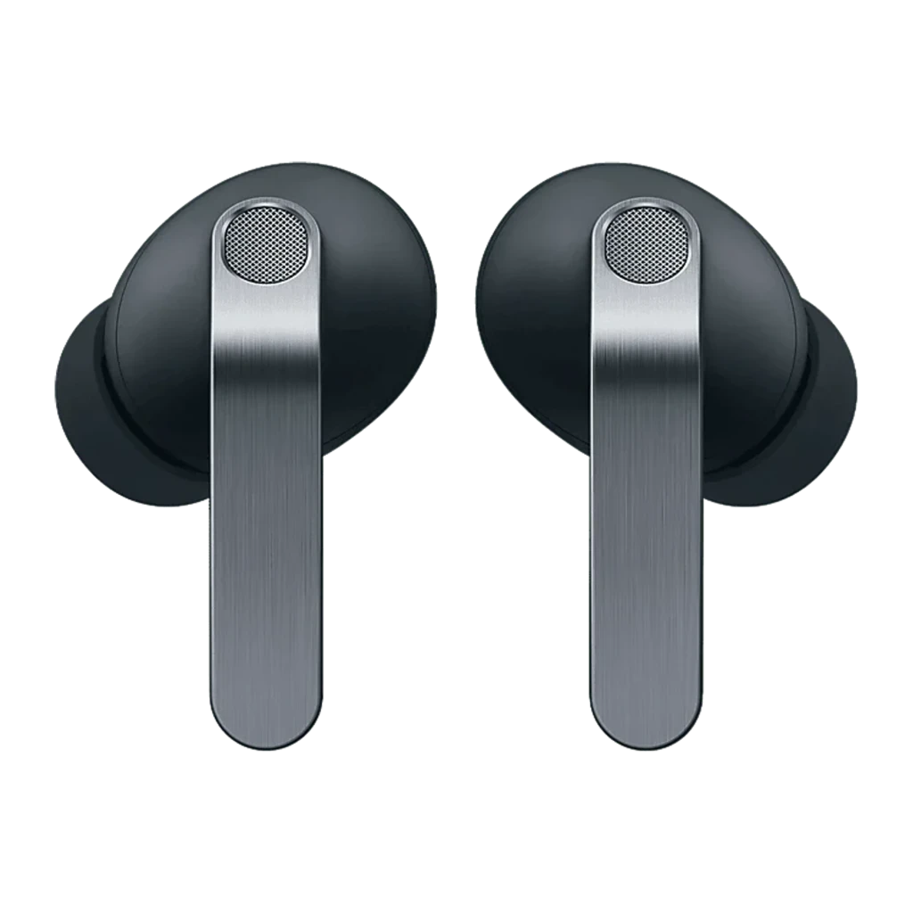 Samsung Galaxy Buds4 Pro noir, vue de face: les deux écouteurs avec tige argentée brossée et grille de microphone