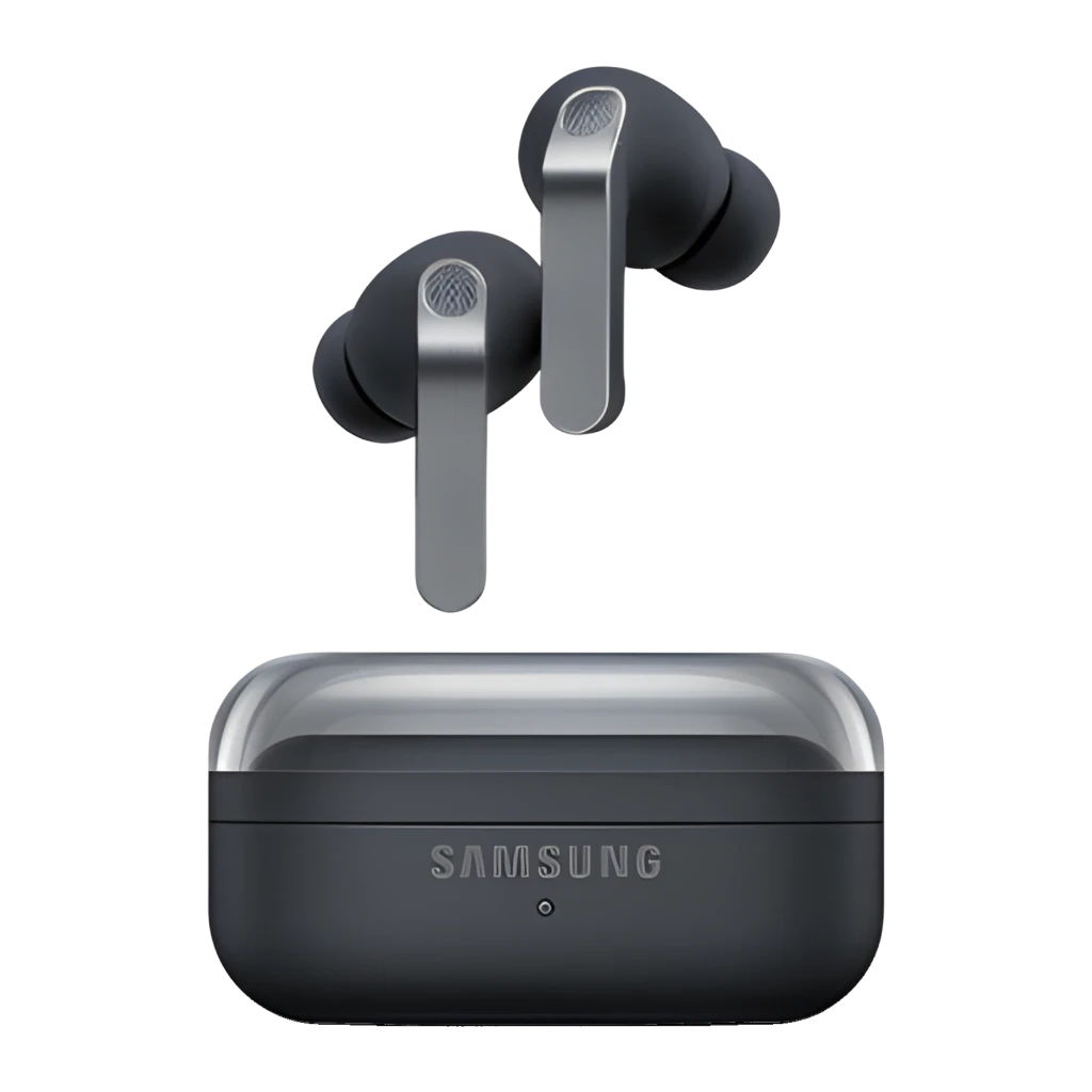 Samsung Galaxy Buds4 Pro Noir, vue de face: écouteurs flottant au-dessus du boîtier ouvert, tiges argentées et embouts en