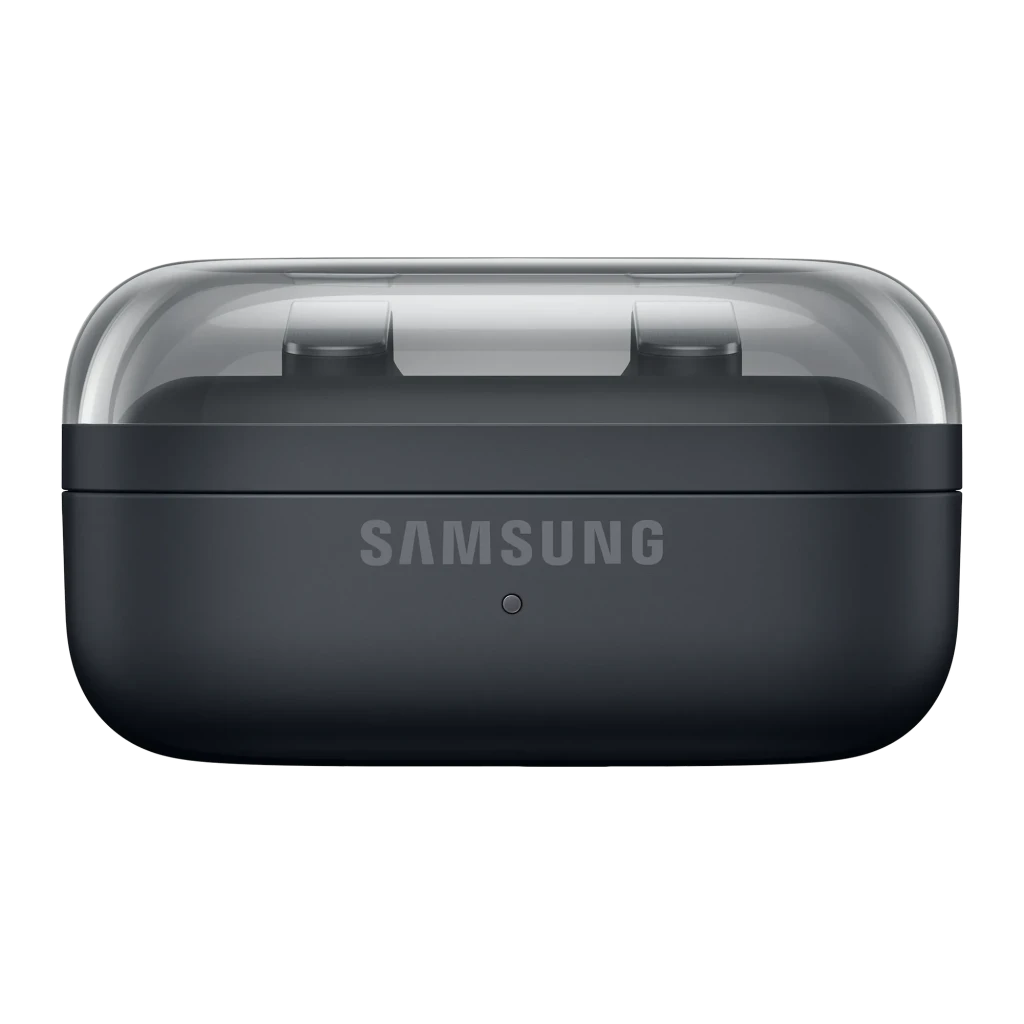 Samsung Galaxy Buds4 Pro Noir, étui ouvert face avant: couvercle transparent avec écouteurs visibles et logo Samsung sur