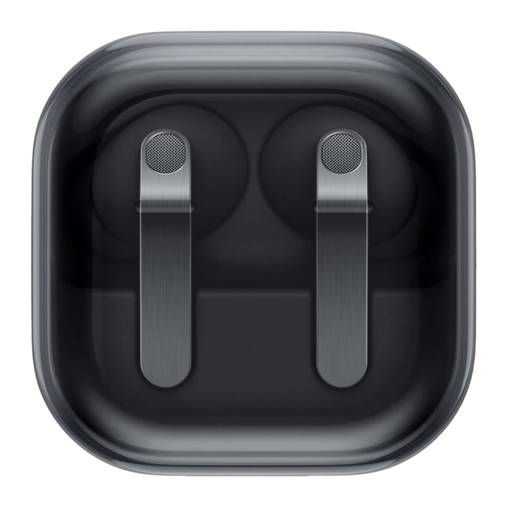 Samsung Galaxy Buds4 Pro Noir, vue du dessus: intérieur du boîtier ouvert avec les deux écouteurs logés