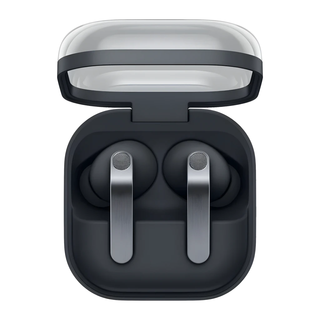 Samsung Galaxy Buds4 Pro noir, vue du dessus: étui ouvert avec les deux écouteurs logés et tiges métalliques visibles