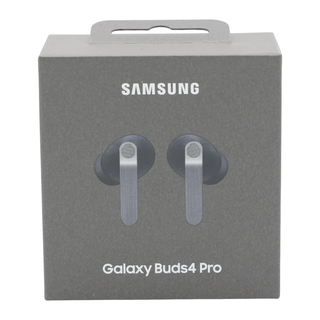 Samsung Galaxy Buds4 Pro Noir, boîte avant: emballage gris avec illustration des écouteurs et logo Samsung