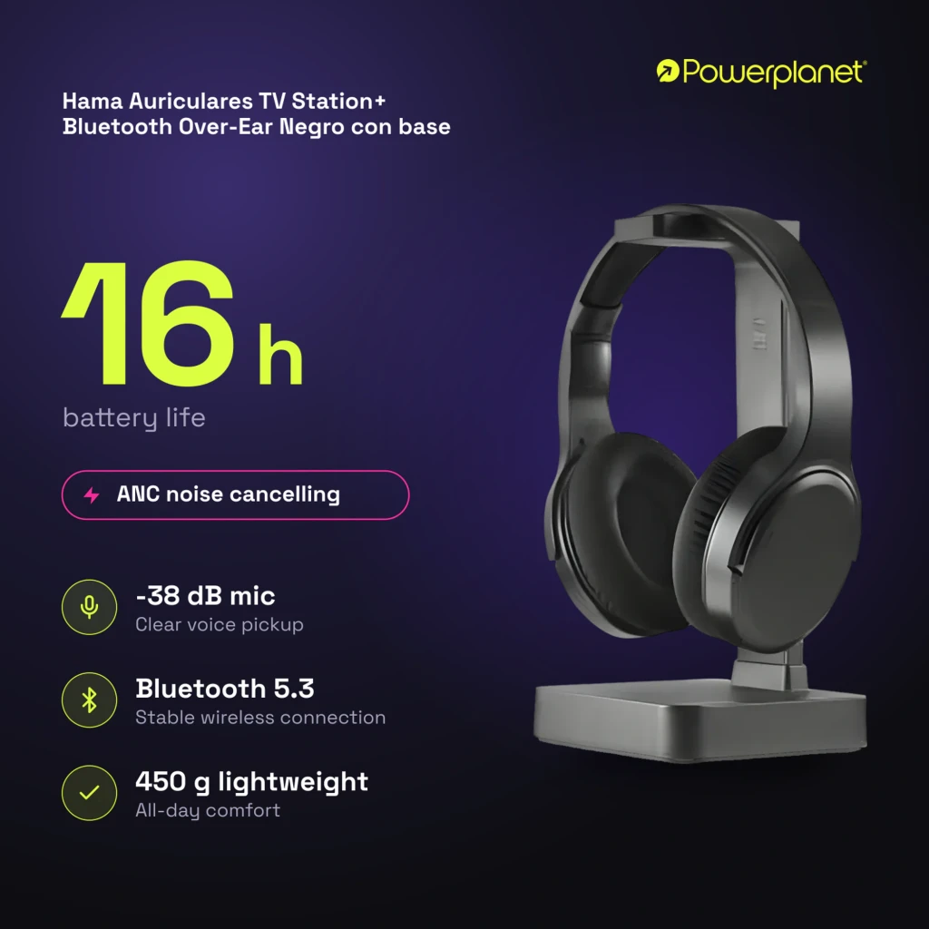 Hama Casque TV Station+ Bluetooth Over-Ear noir, vue latérale: casque sur base de charge, coussinets et arceau visibles - Ítem8