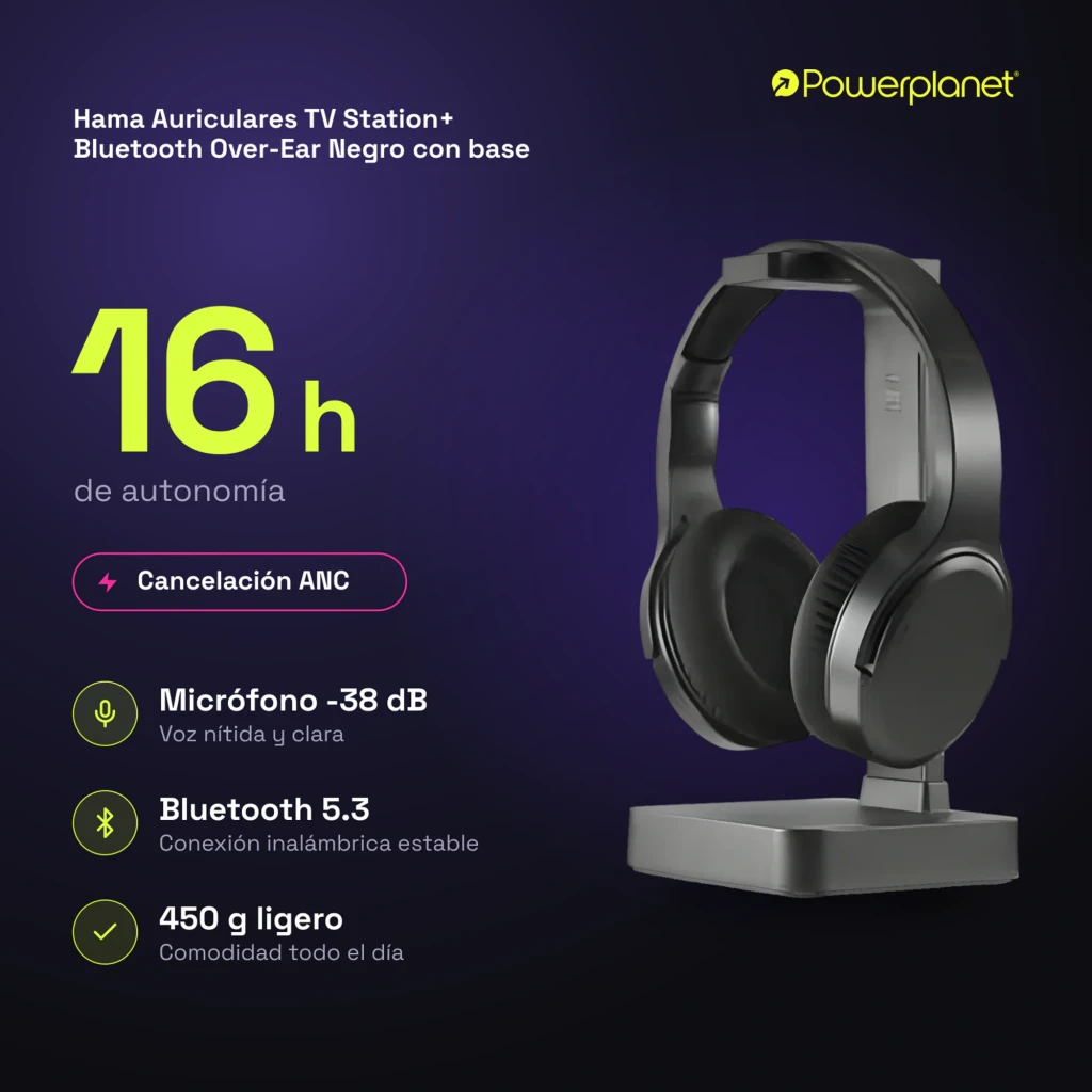 Hama Casque TV Station+ Bluetooth Over-Ear noir, vue latérale: casque sur base de charge, coussinets et arceau visibles - Ítem5